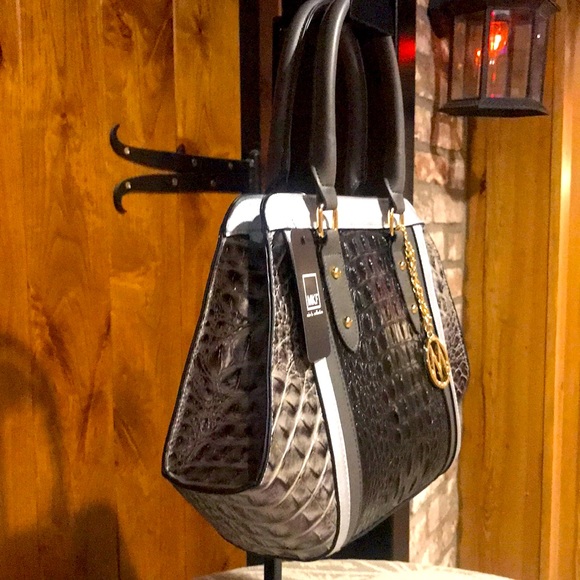 NWT MKF Black Faux Croco Leather Colorblock Satchel